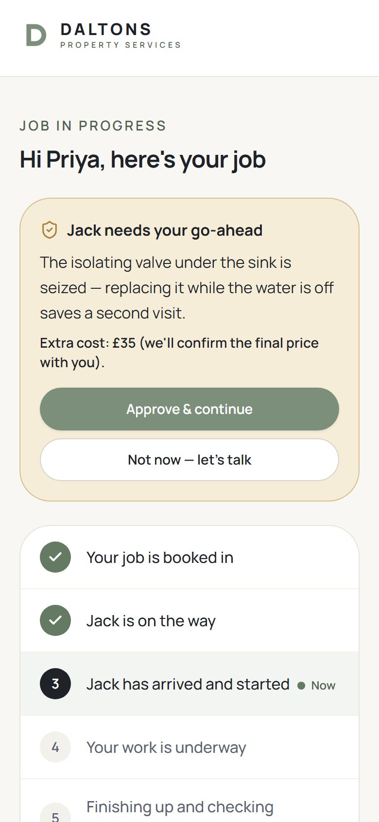 Customer tracking page, with fictional customer data