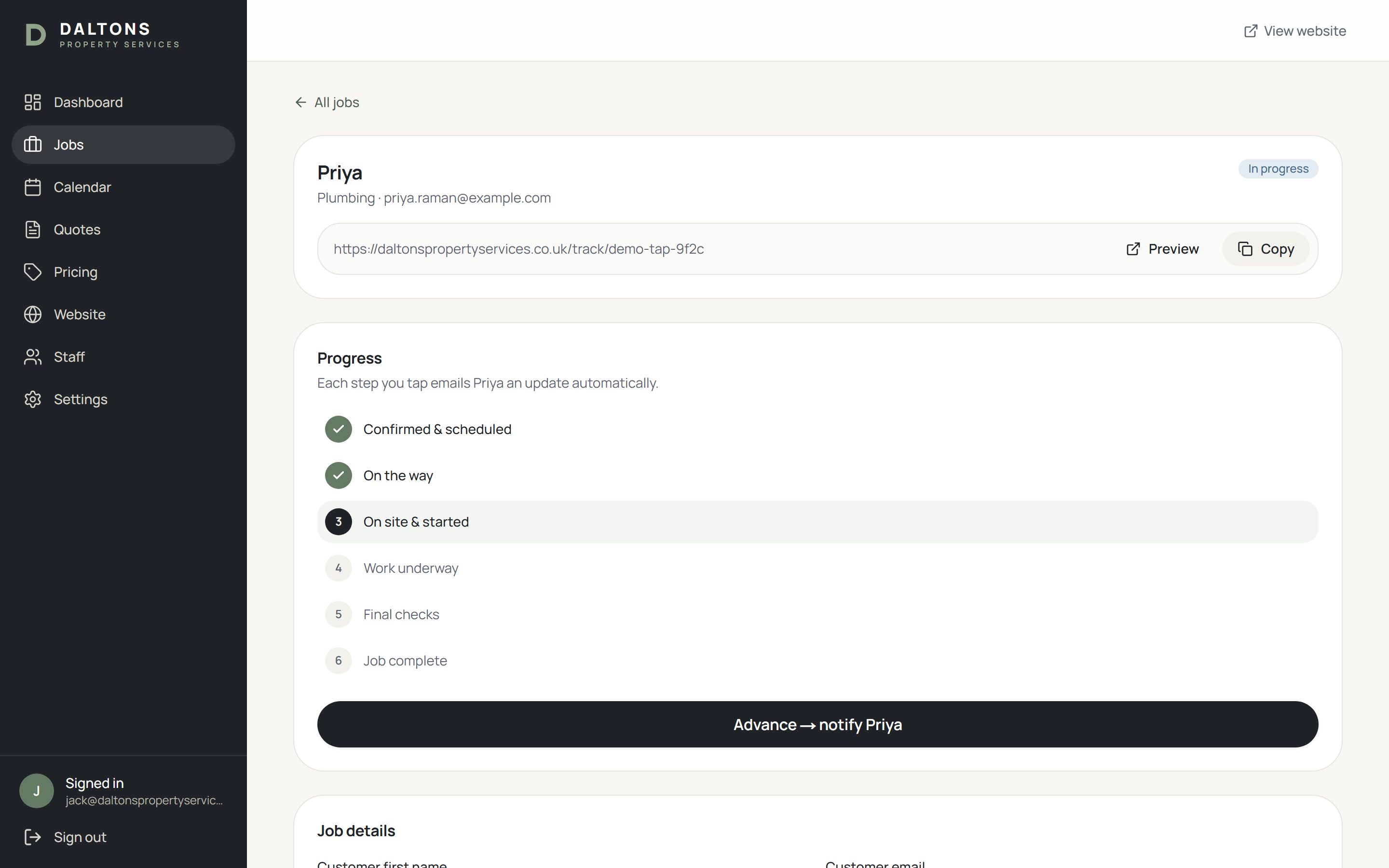 Staff view of a job, with fictional customer data