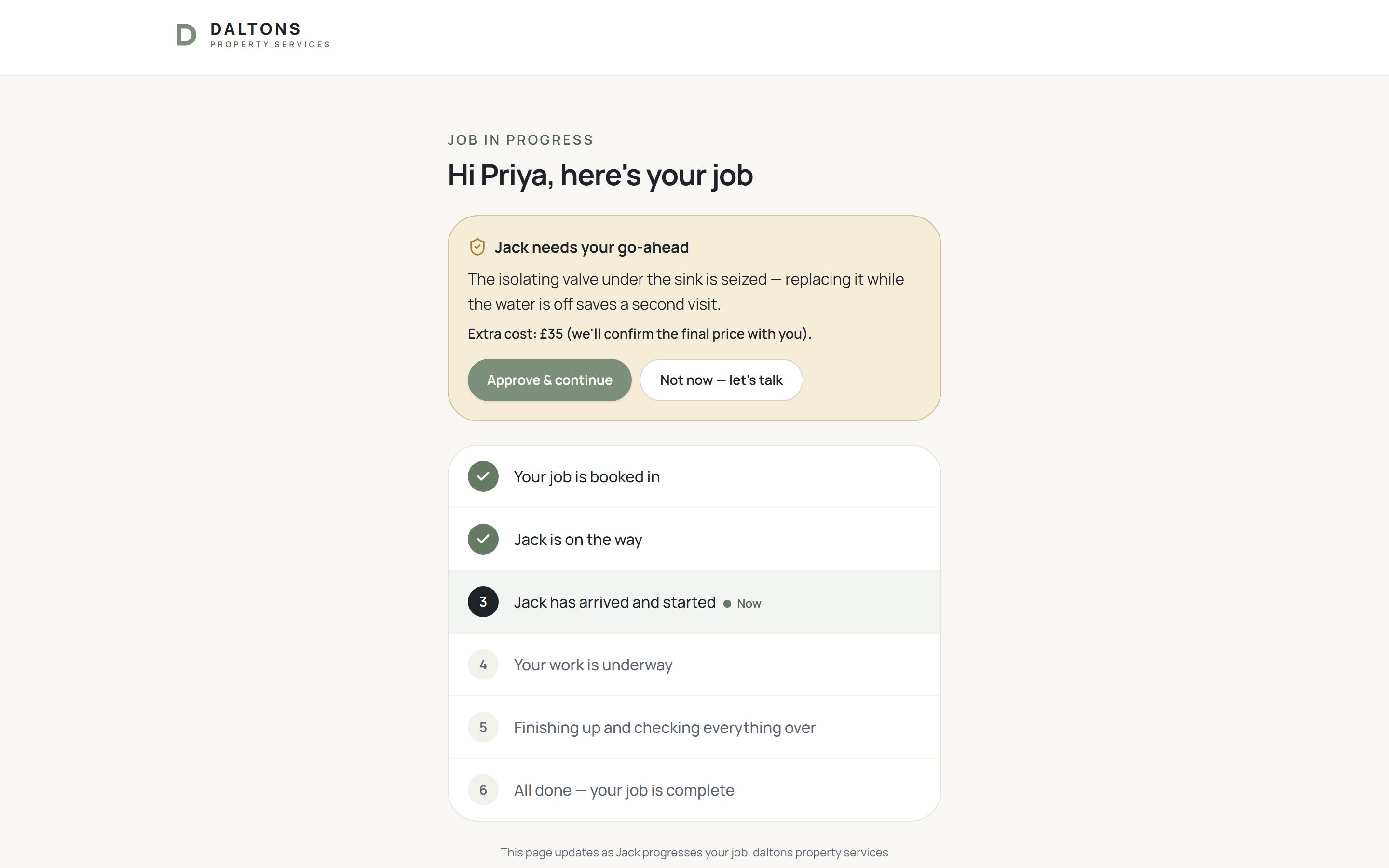 Customer job tracking page on desktop, with fictional customer data
