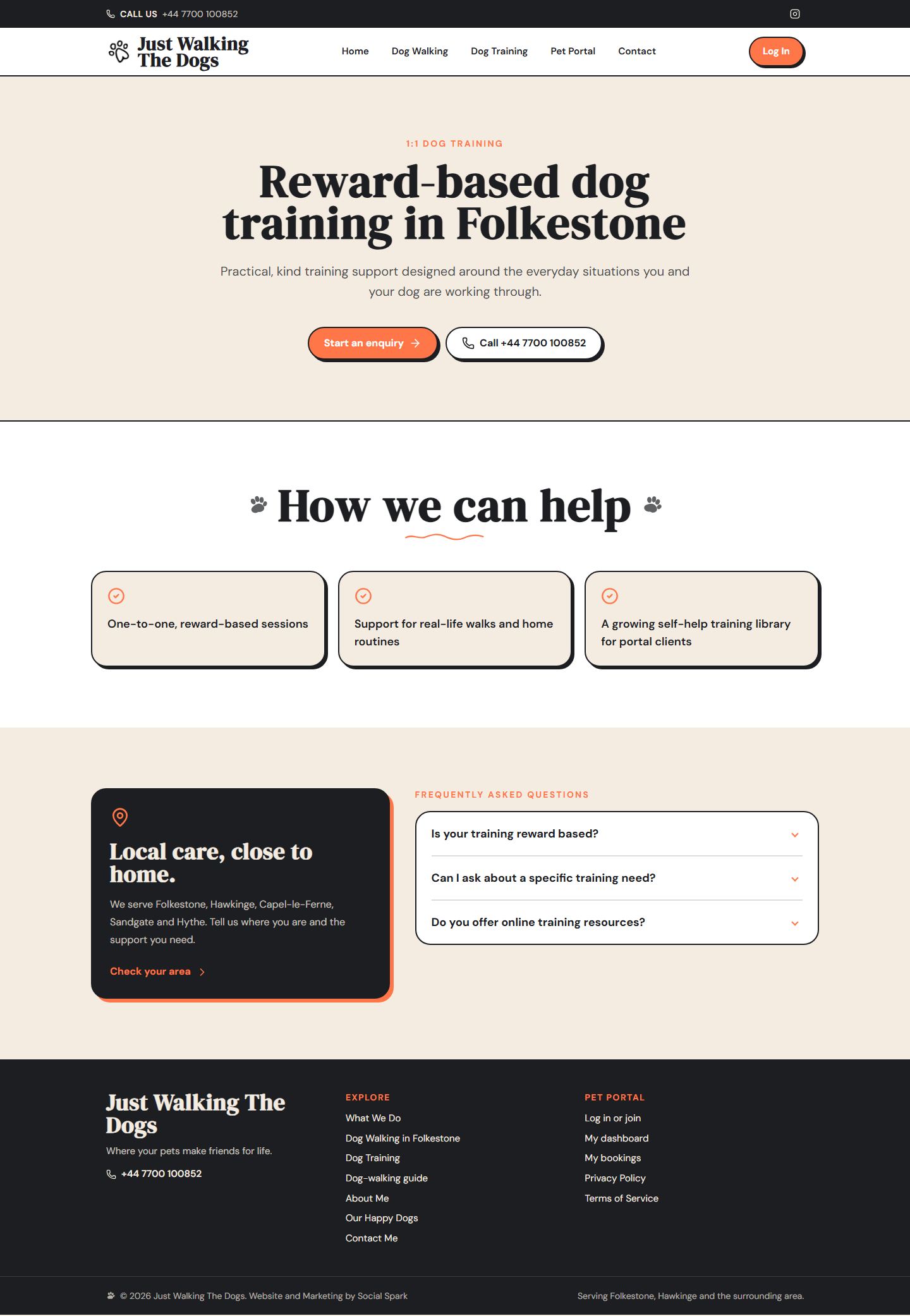 The dog training service page on Just Walking The Dogs