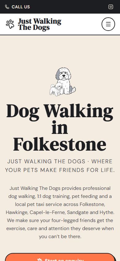 Just Walking The Dogs homepage on mobile