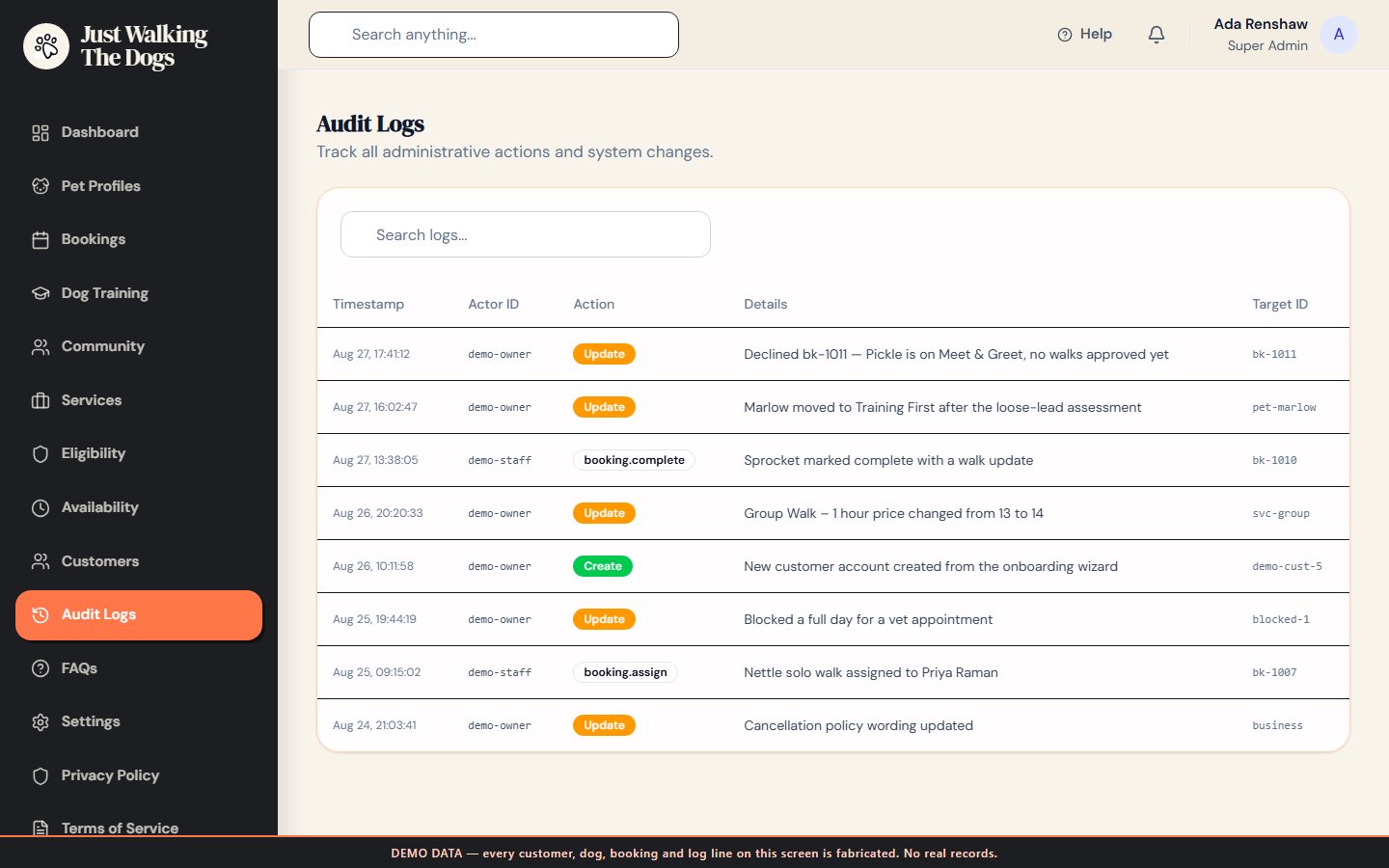 Audit log of actions taken in the portal