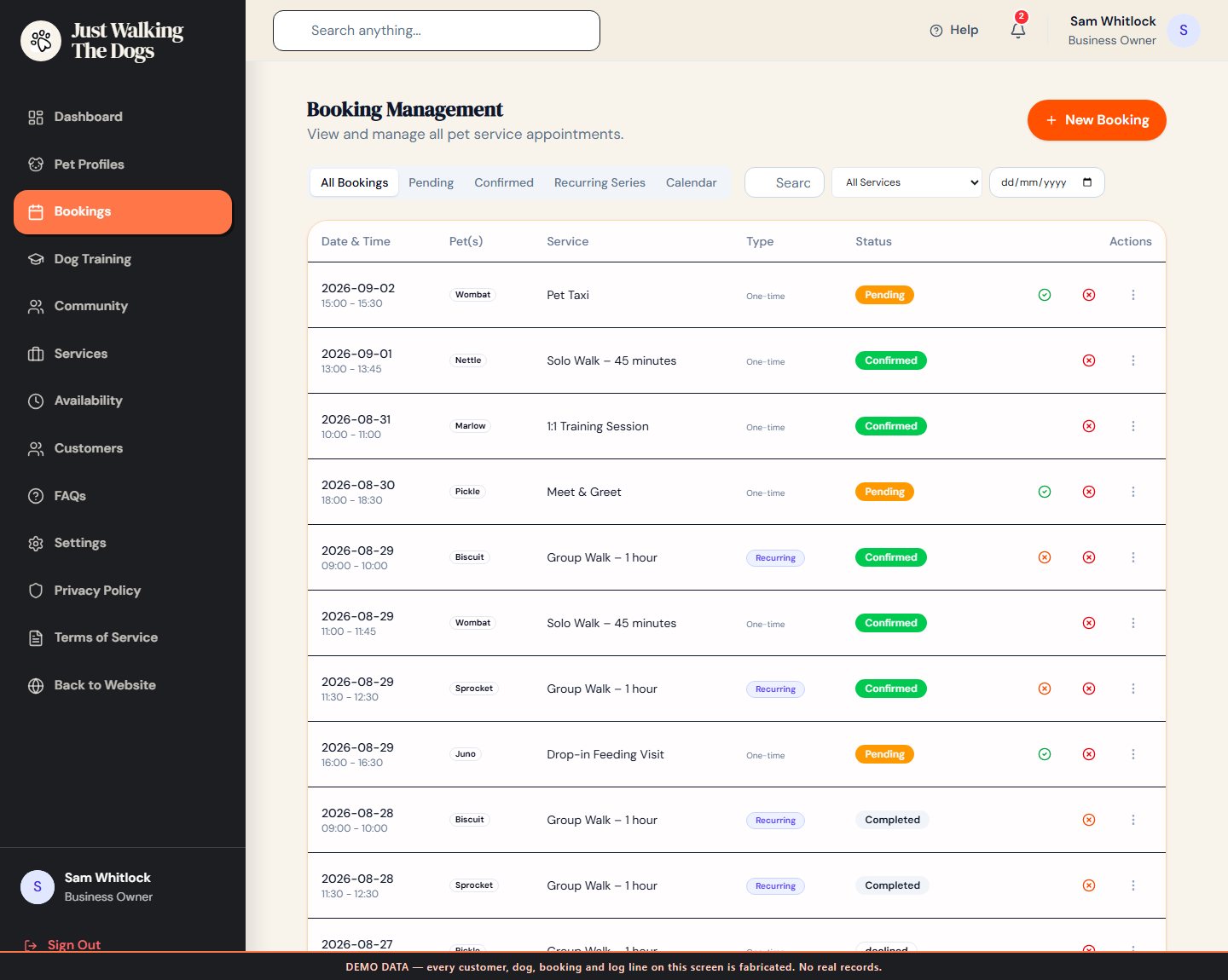 Booking management: pending, confirmed and recurring series