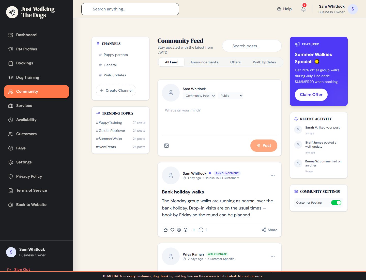 Community feed with announcements, offers and walk updates