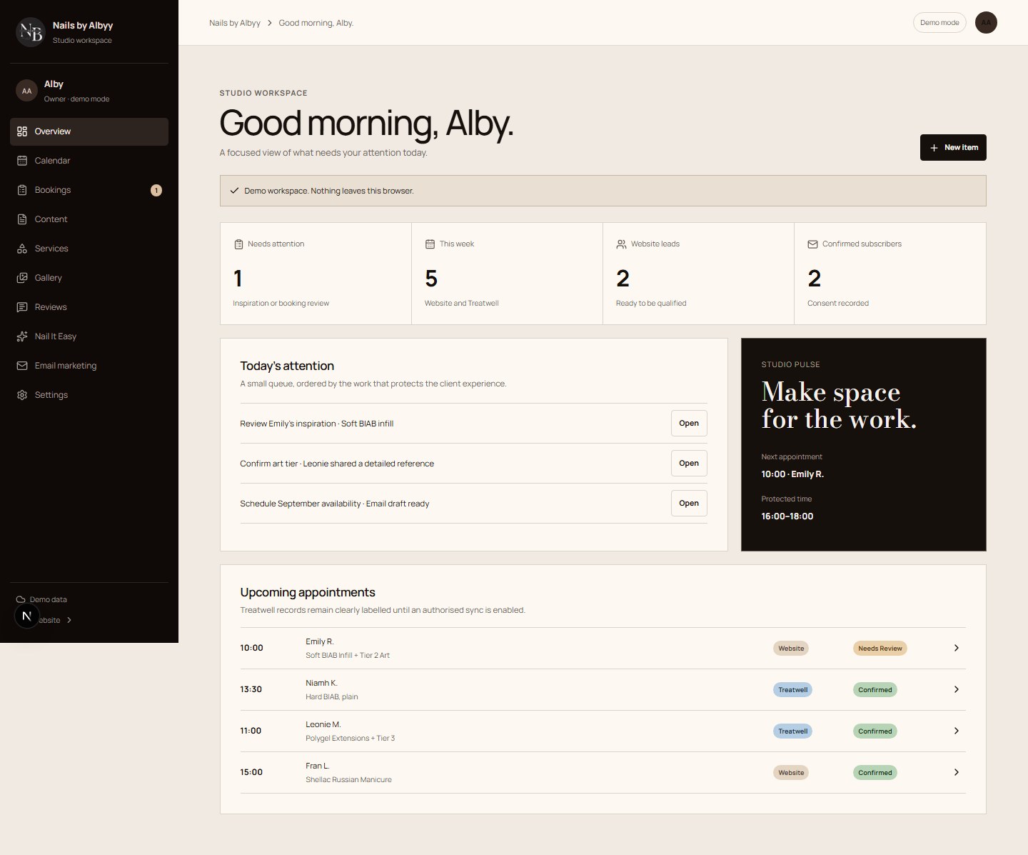 Nails by Albyy demo admin workspace