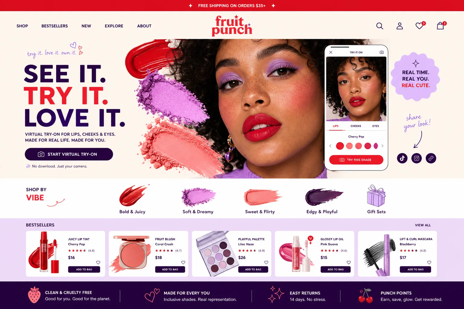 Illustrative colourful beauty ecommerce site with a virtual camera try-on feature