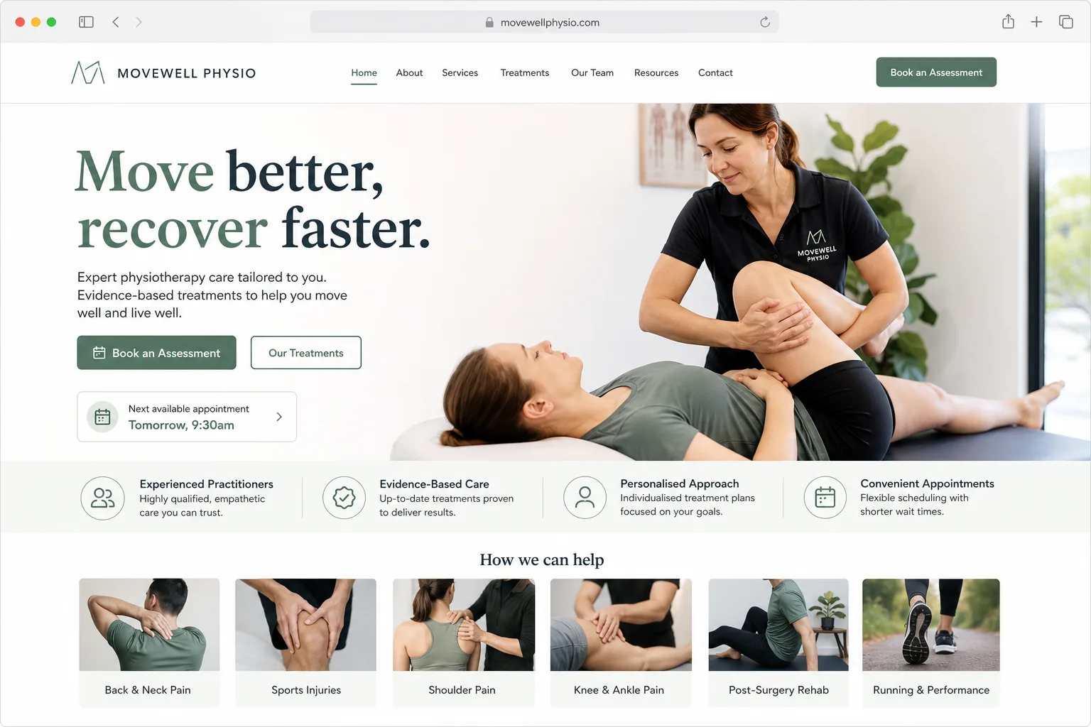 Illustrative website concept for a physiotherapy clinic